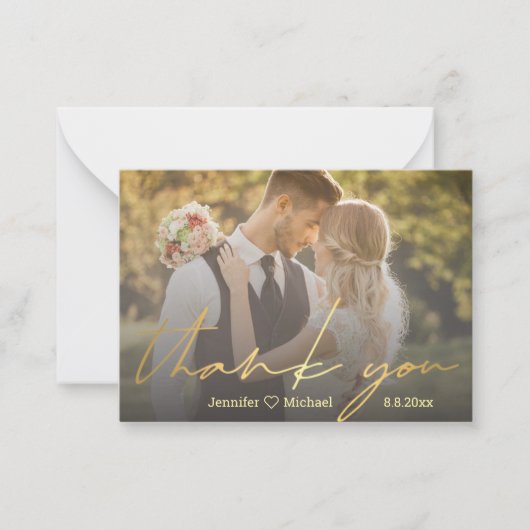 elegant goud handgeschreven trouwfoto bedankt notitiekaartje (Voorkant)