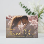 Elegant goud handschrift paar foto bruiloft bedankkaart (Staand voorkant)
