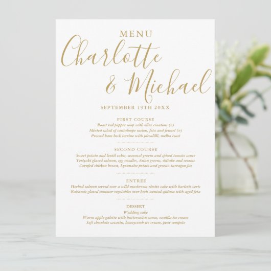Elegant Goud Handtekening Bruiloft Menu (Staand voorkant)