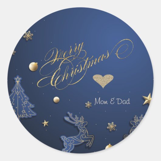 Elegant Goud Hart, Blauwe Kerstboom, Rendieren Ronde Sticker (Voorkant)