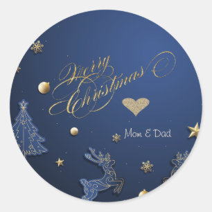 Elegant Goud Hart, Blauwe Kerstboom, Rendieren Ronde Sticker