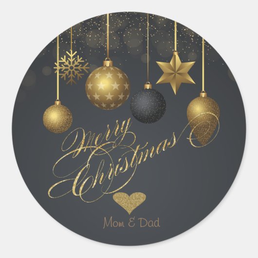 Elegant Goud Hart, Kerstballen Donker Ronde Sticker (Voorkant)