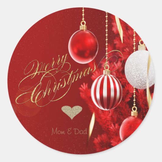 Elegant Goud Hart, Rode Kerstmis Ornamenten Ronde Sticker (Voorkant)