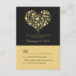Elegant Goud Hart Stoffig Zwart Bruiloft RSVP Kaartje