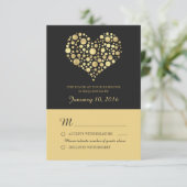 Elegant Goud Hart Stoffig Zwart Bruiloft RSVP Kaartje (Staand voorkant)