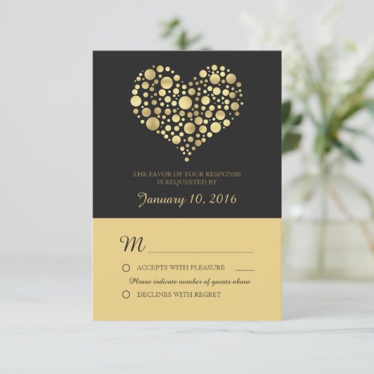 Elegant Goud Hart Stoffig Zwart Bruiloft RSVP Kaartje (Staand voorkant)