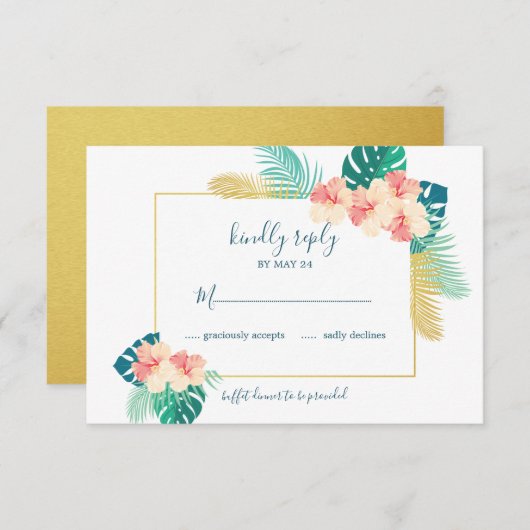 Elegant Goud Hawaïaanse Hibiscus Bruiloft RSVP Kaa (Voorkant / Achterkant)