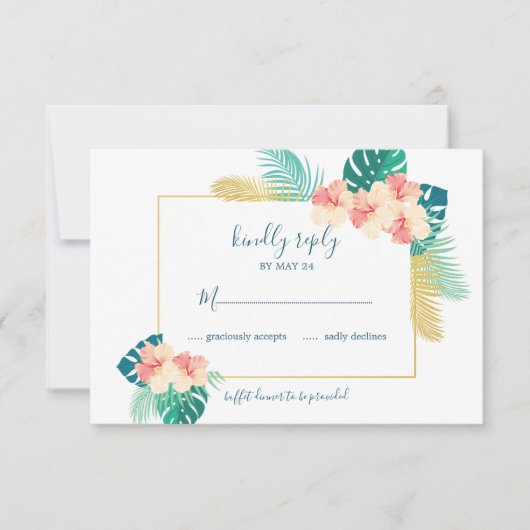 Elegant Goud Hawaïaanse Hibiscus Bruiloft RSVP Kaa (Voorkant)