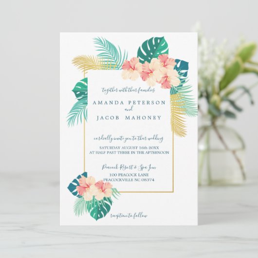 Elegant Goud Hawaïaanse Hibiscus Bruiloft Uitnodig Kaart (Staand voorkant)