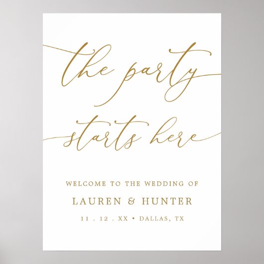 Elegant goud Het feest begint hier Trouwbord Poster (Voorkant)
