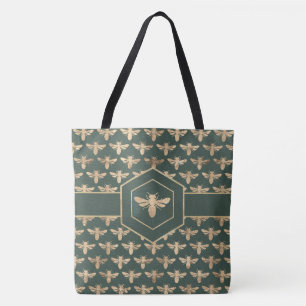Elegant Goud HoneyBee Patroon op Donkergroen Tote Bag