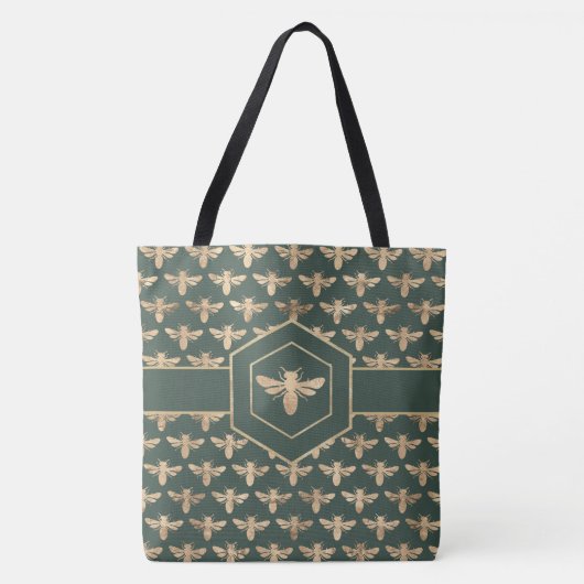 Elegant Goud HoneyBee Patroon op Donkergroen Tote Bag (Voorkant)