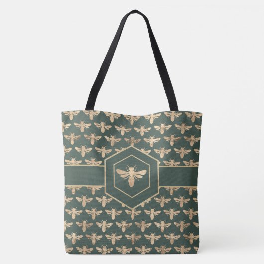 Elegant Goud HoneyBee Patroon op Donkergroen Tote Bag (Achterkant)