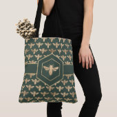 Elegant Goud HoneyBee Patroon op Donkergroen Tote Bag (Dichtbij)