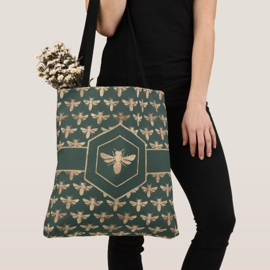 Elegant Goud HoneyBee Patroon op Donkergroen Tote Bag (Dichtbij)