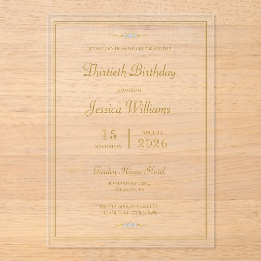 Elegant goud ingelijst verjaardagsfeest acryl uitnodigingen (Voorkant)