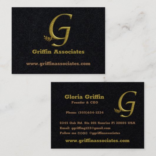 Elegant Goud Initiaal Letter G Logo Visitekaartje (Voorkant / Achterkant)