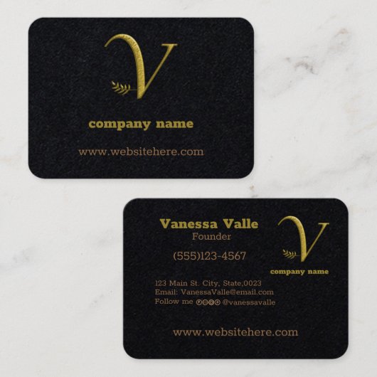 Elegant Goud Initiaal Letter V Logo Visitekaartje (Voorkant / Achterkant)
