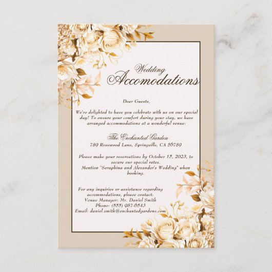 Elegant Goud & Ivoor Bloemen Bruiloft accommodatie Informatiekaartje (Voorkant)