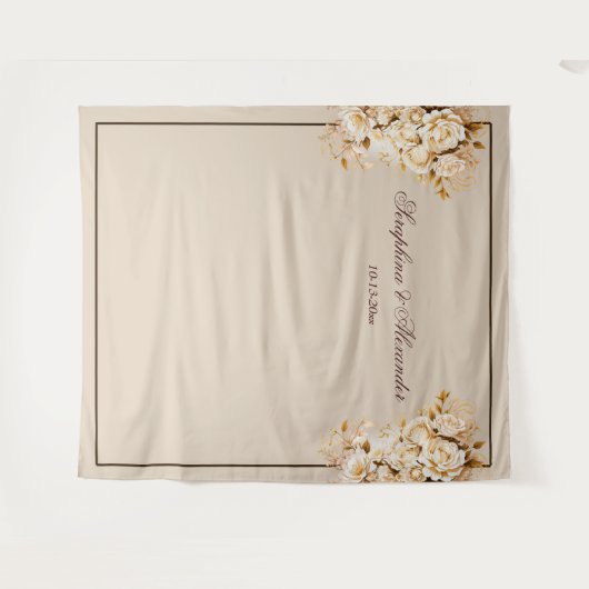 Elegant Goud & Ivoor Bloemen Bruiloft Achtergrond Wandkleed (Voorkant (horizontaal))