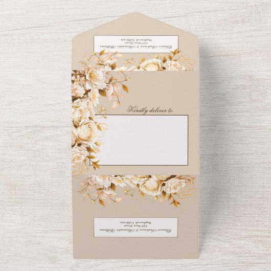 Elegant Goud & Ivoor Bloemen Bruiloft All In One Uitnodiging (Buitenkant)