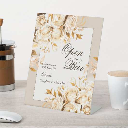 Elegant Goud Ivoor Bloemen Bruiloft Bar Tafelblad Reclamebord Met Voetstuk (Insitu)