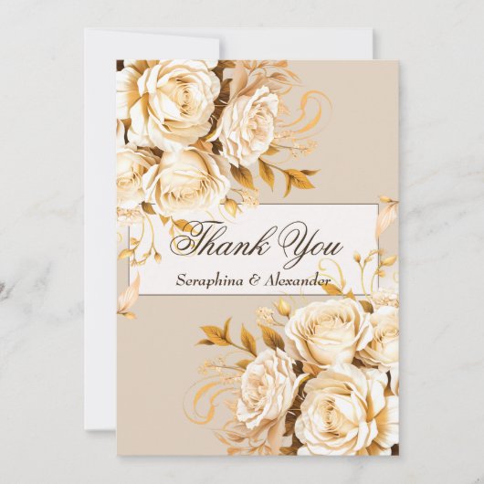Elegant Goud & Ivoor Bloemen Bruiloft Bedankkaart (Voorkant)