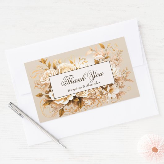 Elegant Goud & Ivoor Bloemen Bruiloft Dank u Rechthoekige Sticker (Envelop)