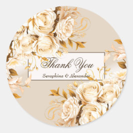 Elegant Goud & Ivoor Bloemen Bruiloft Dank u Ronde Sticker