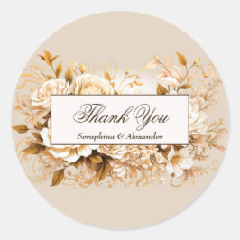 Elegant Goud & Ivoor Bloemen Bruiloft Dank u Ronde Sticker