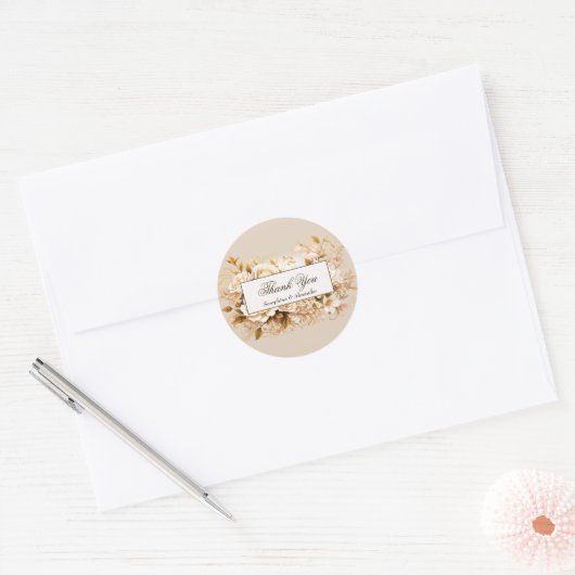 Elegant Goud & Ivoor Bloemen Bruiloft Dank u Ronde Sticker (Envelop)