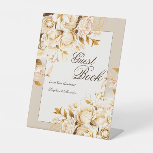 Elegant Goud Ivoor Bloemen Bruiloft Gast B Tafelbl Reclamebord Met Voetstuk (Voorkant)
