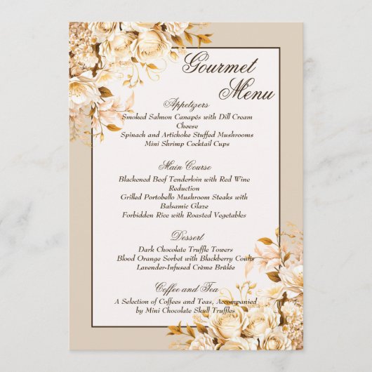 Elegant Goud & Ivoor Bloemen Bruiloft Gourmet Menu (Voorkant)