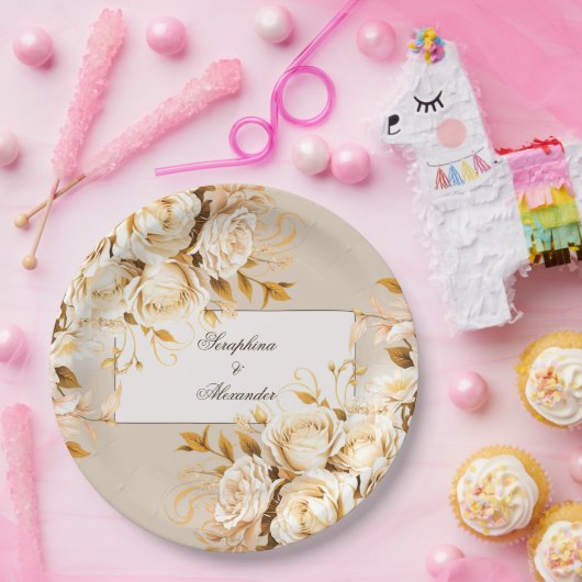 Elegant Goud & Ivoor Bloemen Bruiloft Papieren Bordje (Feest)