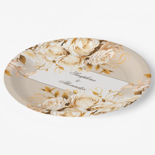 Elegant Goud & Ivoor Bloemen Bruiloft Papieren Bordje (Gekanteld)