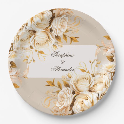 Elegant Goud & Ivoor Bloemen Bruiloft Papieren Bordje (Voorkant)