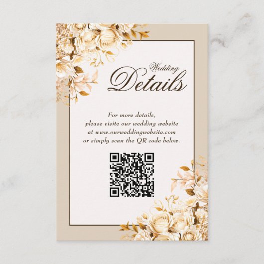 Elegant Goud Ivoor Bloemen Bruiloft QR Code Detail Informatiekaartje (Voorkant)