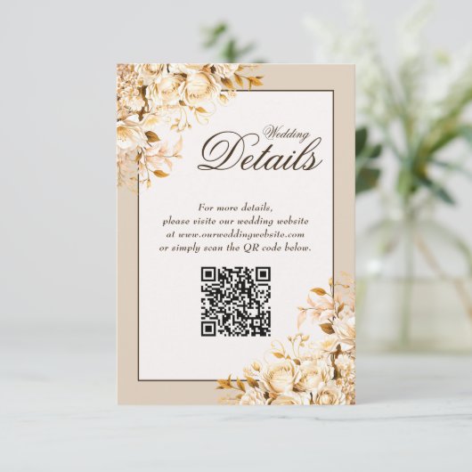Elegant Goud Ivoor Bloemen Bruiloft QR Code Detail Informatiekaartje (Staand voorkant)