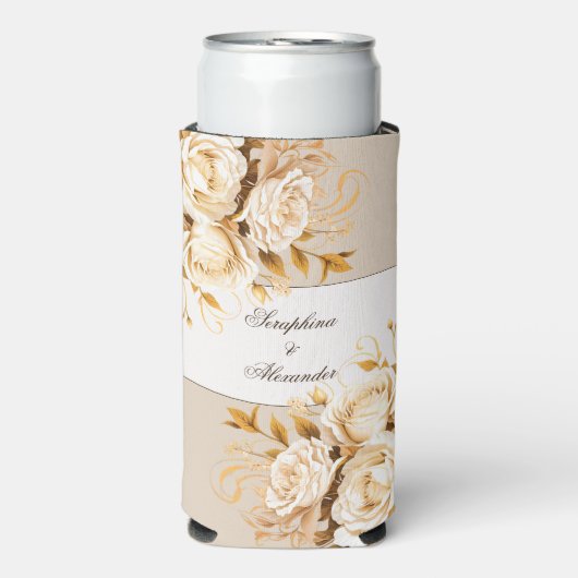 Elegant Goud & Ivoor Bloemen Bruiloft Seltzer Blikjeskoeler (Seltzer Voorkant)