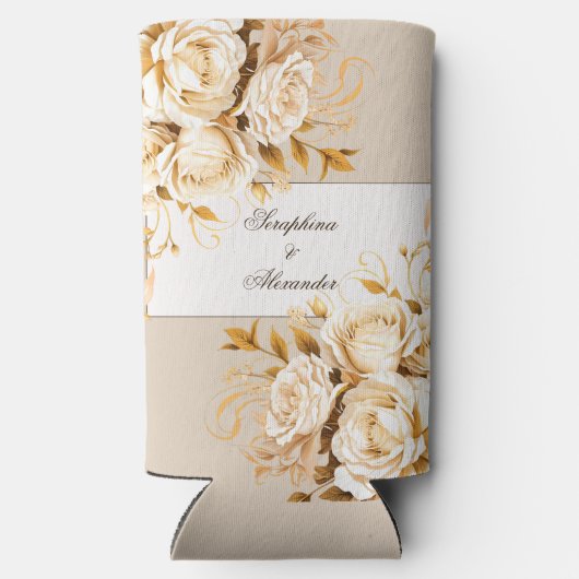 Elegant Goud & Ivoor Bloemen Bruiloft Seltzer Blikjeskoeler (Achterkant)