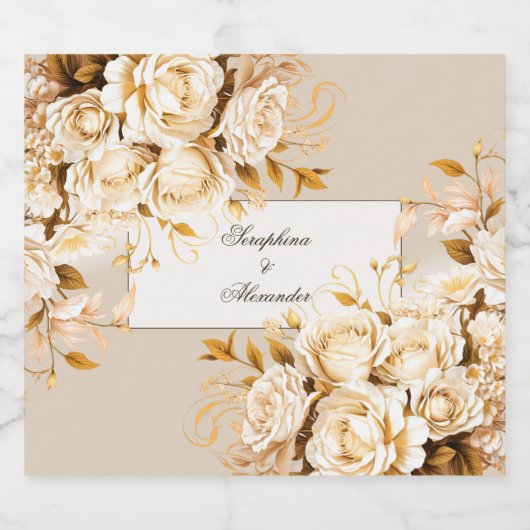 Elegant Goud & Ivoor Bloemen Bruiloft Sparkling Wijnetiket (Enkel label)