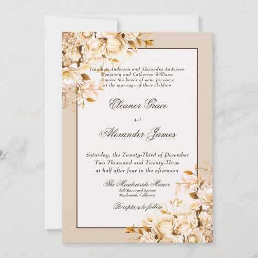 Elegant Goud & Ivoor Bloemen Formele Bruiloft Kaart (Voorkant)