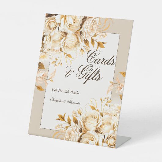 Elegant Goud Ivoor Bloemen Huwelijkscadeaus Tafelb Reclamebord Met Voetstuk (Voorkant)