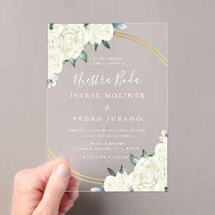 Elegant Goud Ivoor Bloemen Nuestra Boda Bruiloft Acryl Uitnodigingen