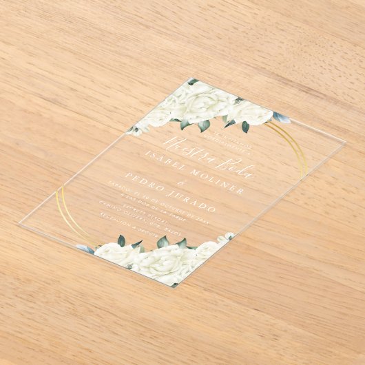 Elegant Goud Ivoor Bloemen Nuestra Boda Bruiloft Acryl Uitnodigingen (Laagn)