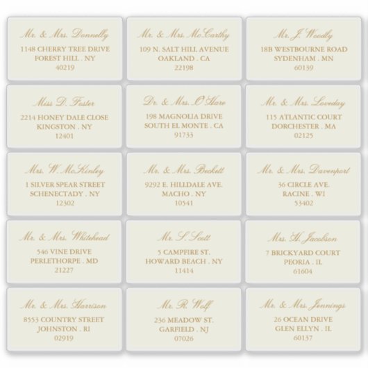 Elegant goud & ivoor bruiloft individueel adres sticker (Voorkant)