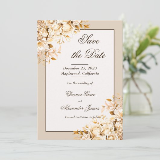 Elegant Goud & Ivoor Floral Formal Save the Date Kaart (Staand voorkant)