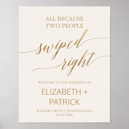 Elegant Goud Ivoor Swiped Rechts Bruiloft Welkom Poster (Voorkant)