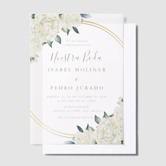 Elegant Goud Ivory Bloemstuk Nuestra Boda Trouwen Vellum Uitnodigingen (Offset)