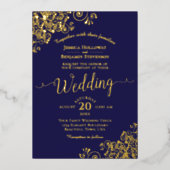 Elegant Goud Kalligrafie Navy Blauw Frilly Bruilof Folie Uitnodiging (Voorkant)
